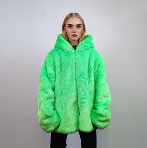 Hooded neon faux fur jacket shaggy coat bright raver bomber fluffy trench winter fleece festival jacket burning man overcoat in green