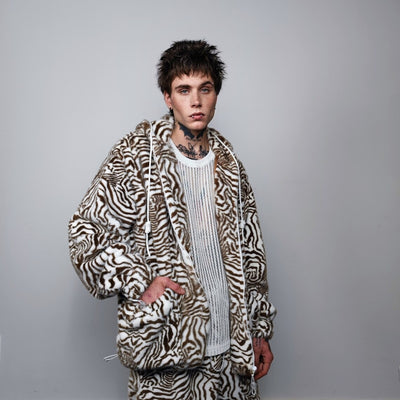 Zebra print jacket handmade detachable faux fur animal print bomber stripe pattern fleece premium hooded party coat festival hoodie in brown