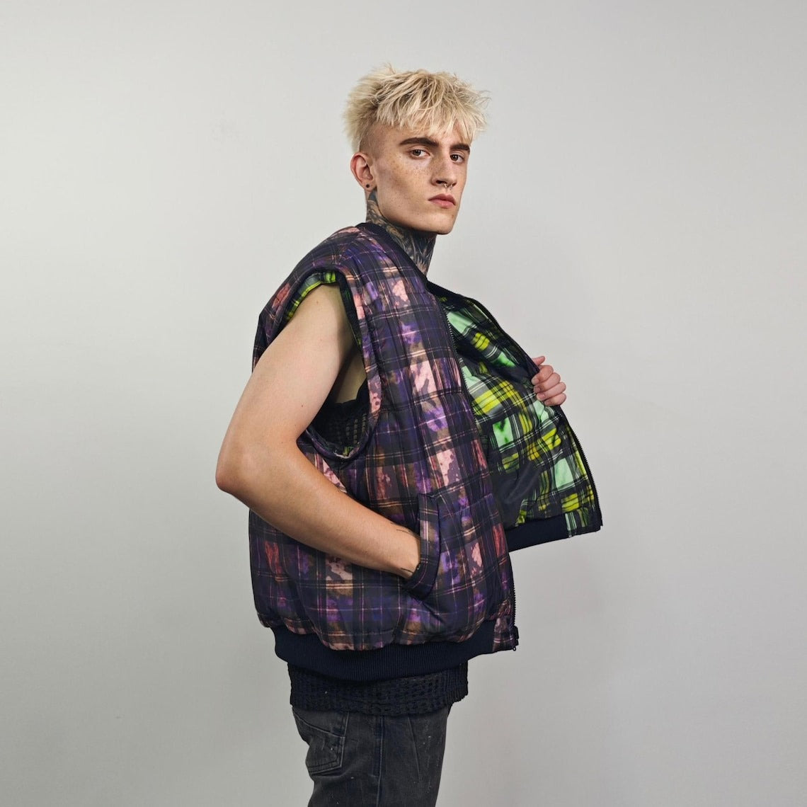 Tie-dye check bomber green brat jacket raver reversible college varsity detachable sleeves handmade plaid puffer grunge punk rocker coat