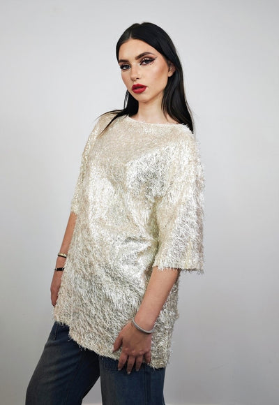 Fluffy party top golden shiny luminous fuzzy rave jumper