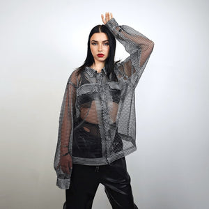 Mesh jacket black transparent Gothic bomber long sleeve rocker coat sheer jumper edgy gay shirt retro 00s see-though punk pullover sheer top