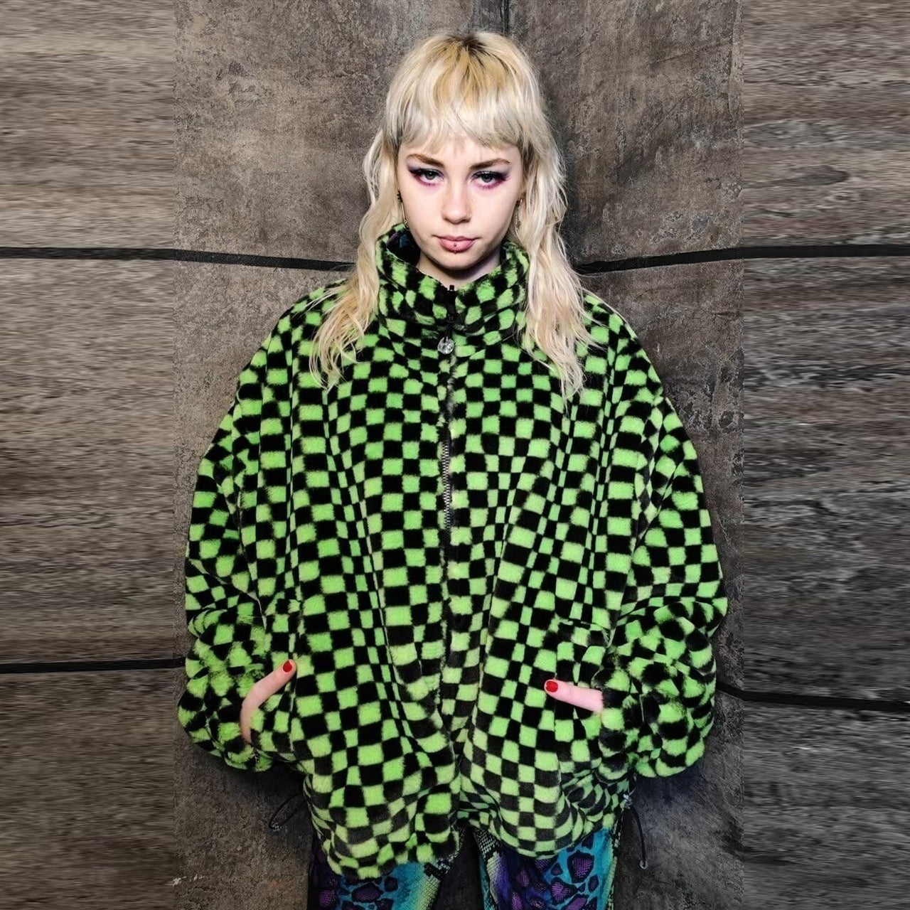 Check fleece jacket green handmade reversible chess coat