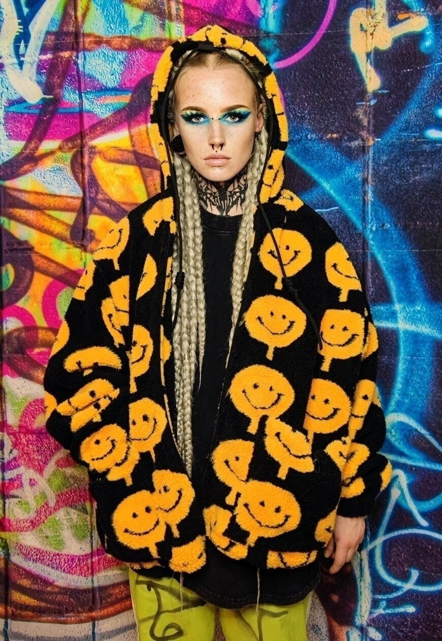 Emoji fleece jacket handmade detachable raver puffer black