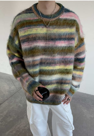 Fluffy striped sweater rainbow knit multi colour soft jumper