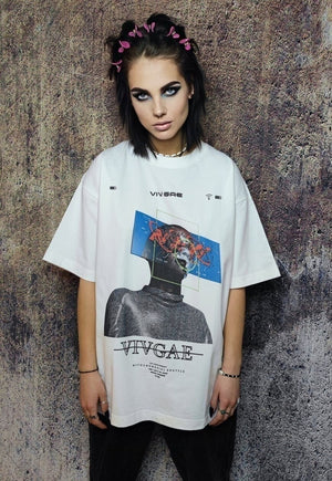 Cyber punk t-shirt grunge robot tee raver top in white