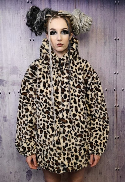 Leopard fleece jacket in cream animal print hooded bomber