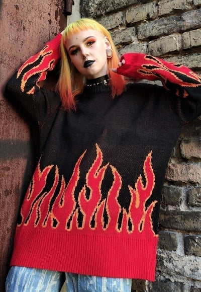 Box fit flame knitted sweatshirt red fire knitwear jumper