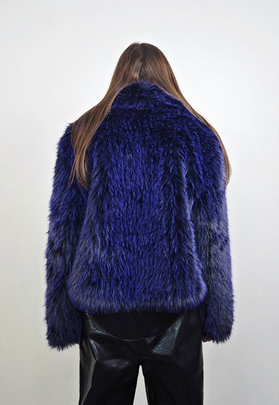 Short shaggy faux fur coat blue cropped fuzzy hair trench