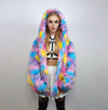 Hooded marshmallow faux fur jacket unicorn coat raver bomber fluffy tie-dye fleece rainbow festival bomber burning man going out trench pink