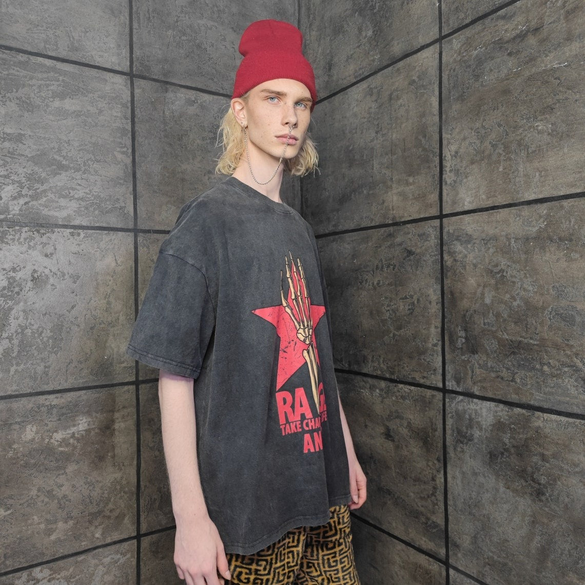 Skeleton t-shirt premium vintage wash rage slogan top grunge bones tee acid in grey