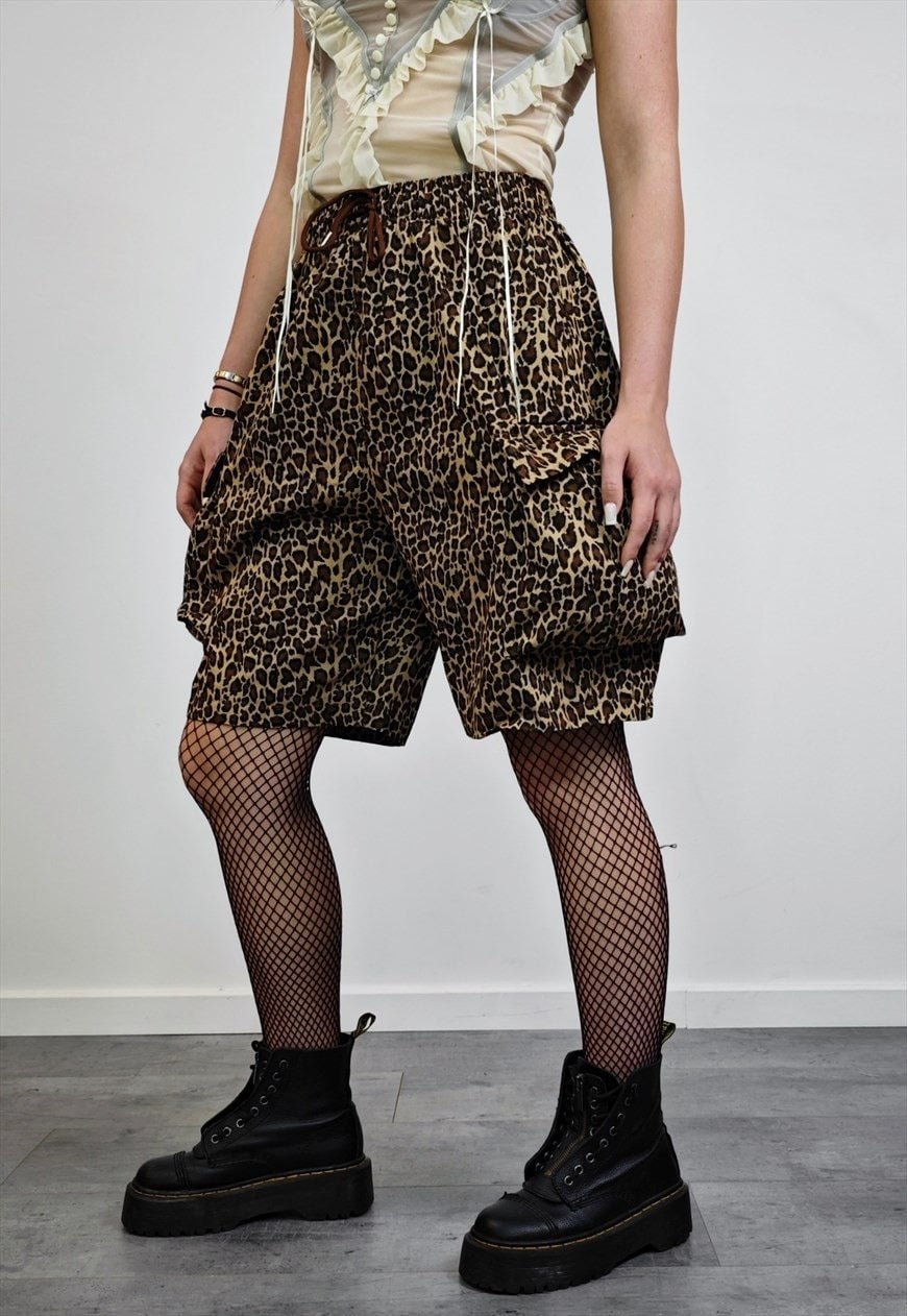 Leopard board shorts brown cargo pocket animal print pants