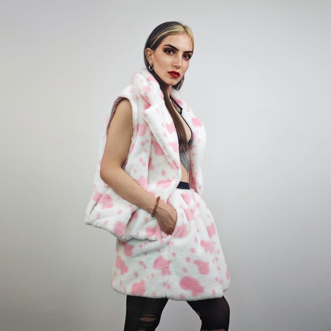 Cropped cow print coat red white fleece trench animal print jacket detachable sleeves handmade spot pattern party overcoat festival set