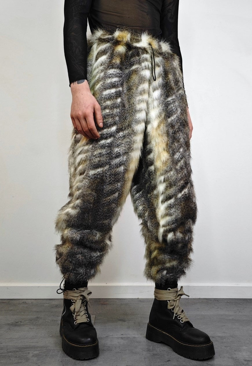 Lynx joggers faux fur pants animal print fuzzy trouser brown