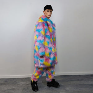 Marshmallow faux fur long coat unicorn trench raver bomber fluffy tie-dye fleece rainbow festival jacket burning man going out coat in pink