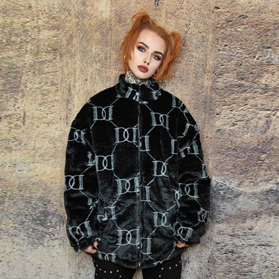 Grunge fleece jacket high fashion fluffy retro bomber black