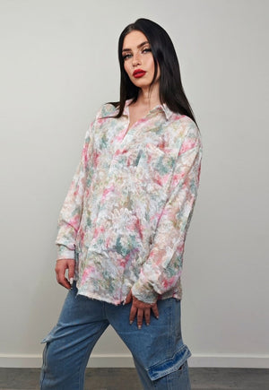 Transparent floral shirt pink fluffy longsleeve sheer blouse