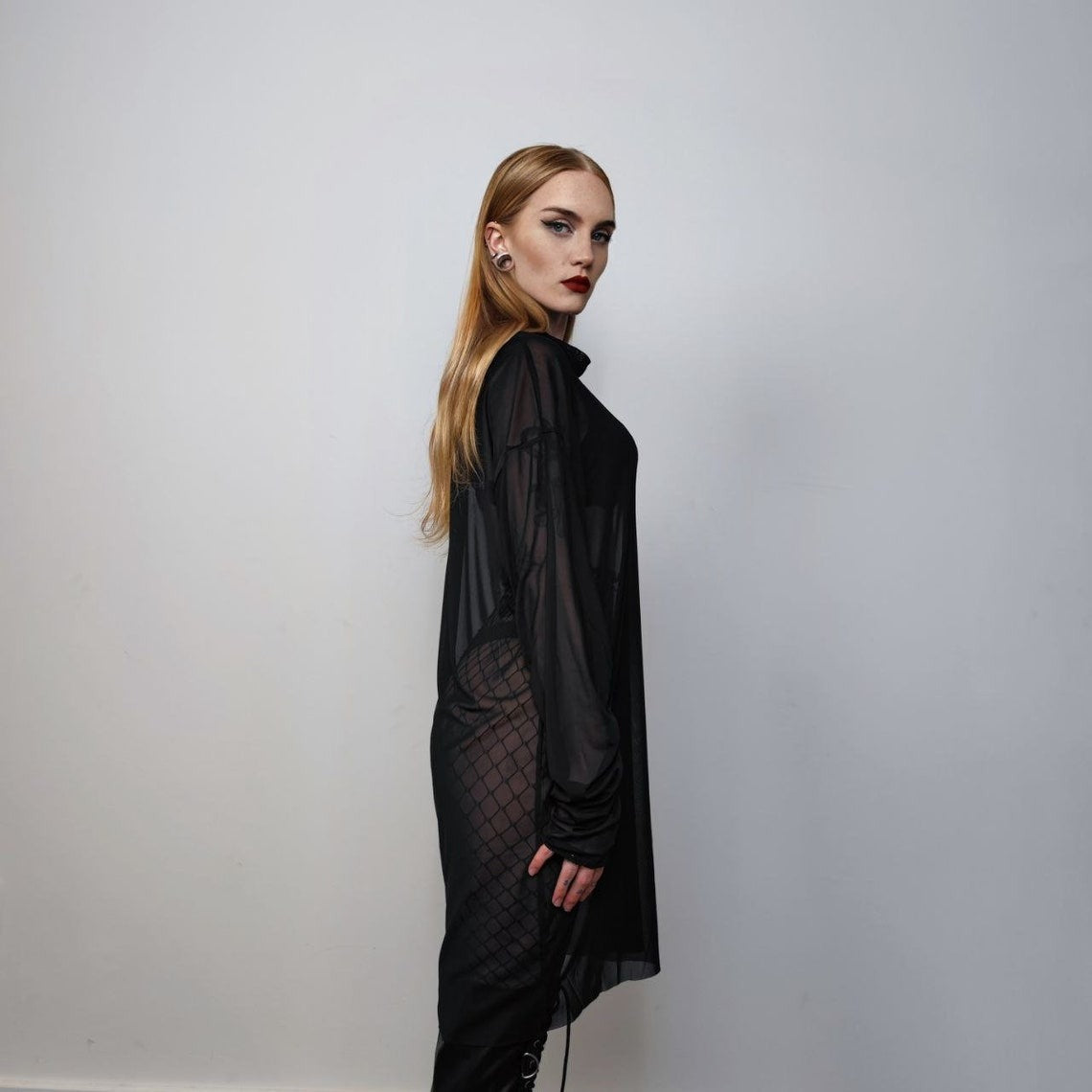 Transparent turtleneck top sheer raised neck sweatshirt see-through punk jumper thin mesh going out party t-shirt catwalk tee in black