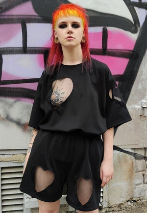 Heart cut-out t-shirt handmade transparent mesh tee black