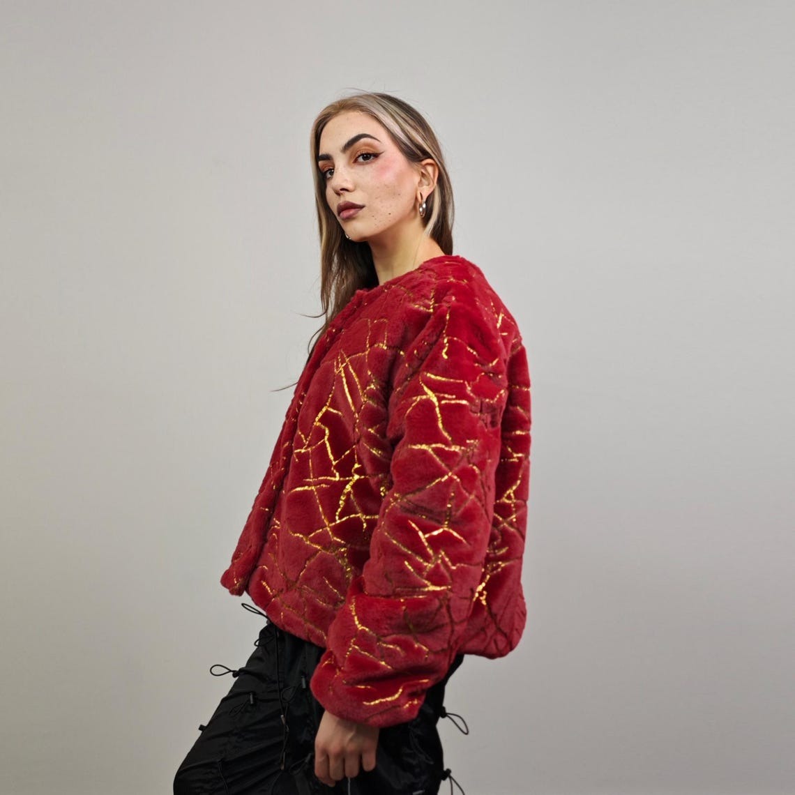 Collarless going out coat red gold glitter trench shiny embellished fleece jacket detachable sleeves handmade party overcoat festival set