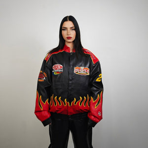 Flame patchwork racing jacket vintage faux leather varsity Japanese style motorsports F1 bomber burning fire embroidered formula one coat