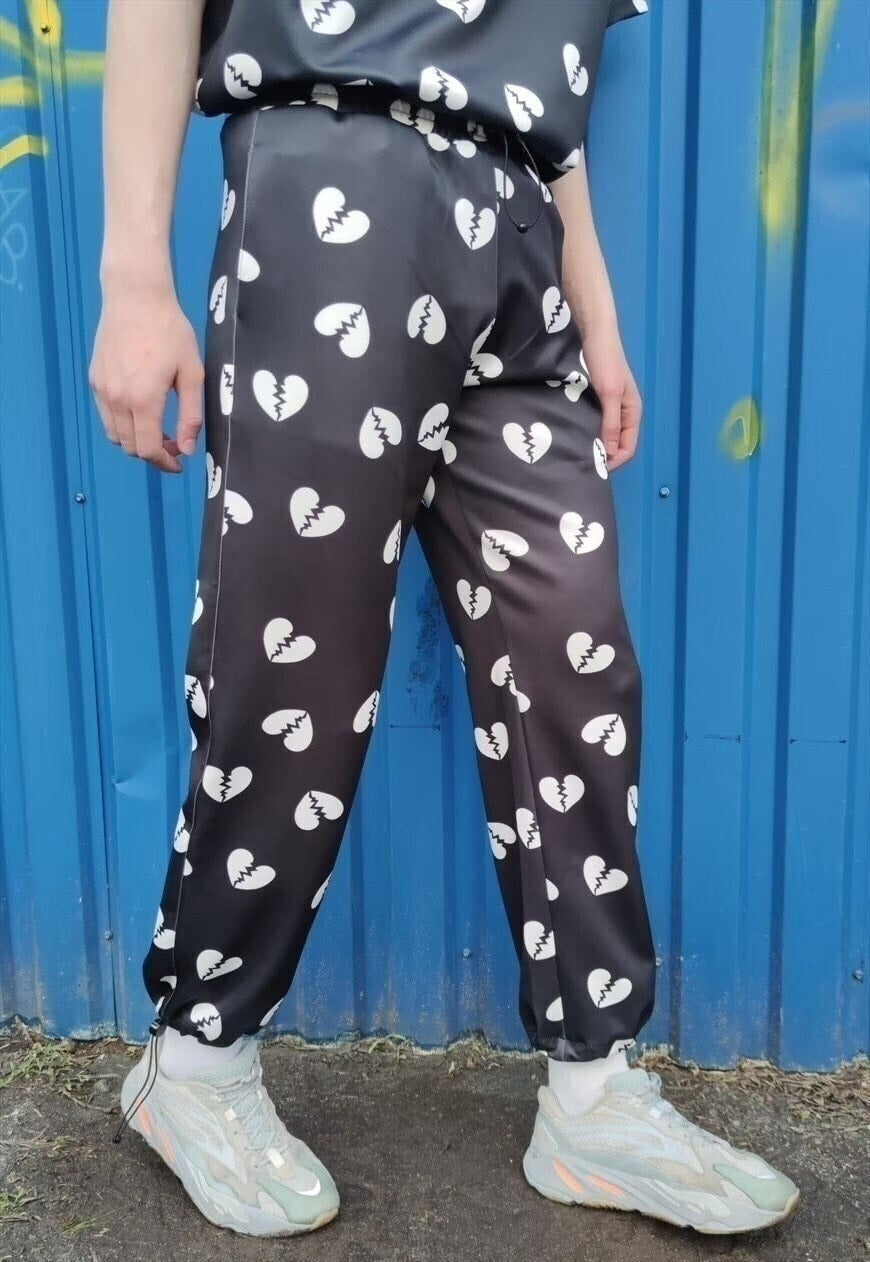 Broken heart joggers handmade Love cartoon overalls black