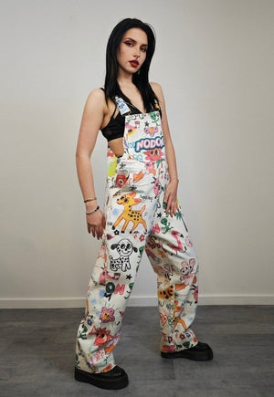 Psychedelic graffiti dungarees cartoon print denim overalls