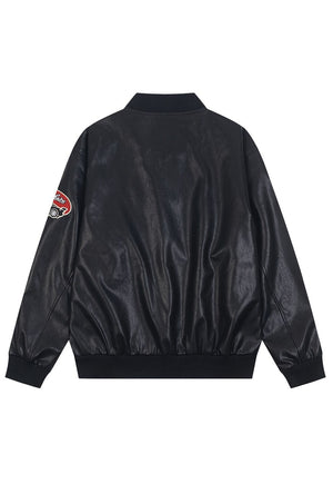 Faux leather racing jacket motorsports PU patchwork bomber