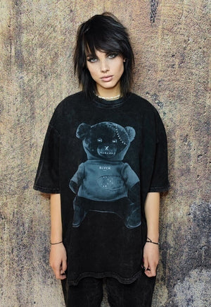 Gothic bear t-shirt grunge tee retro teddy top in acid black