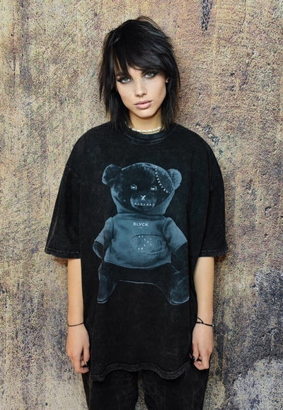 Gothic bear t-shirt grunge tee retro teddy top in acid black