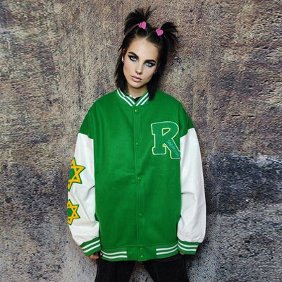 Pentagram patch varsity jacket college baseball bomber green