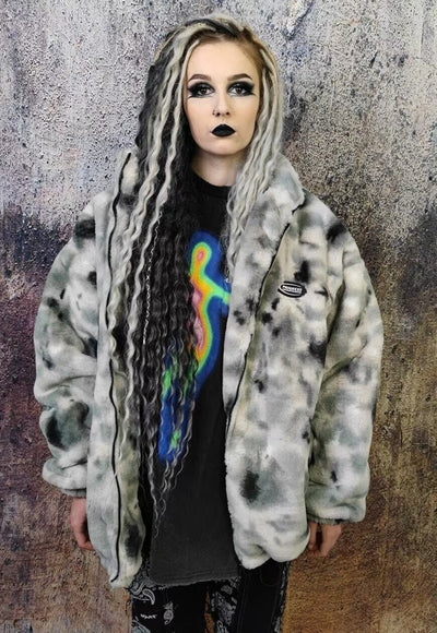 Tie-dye fleece jacket in grey gradient sky print bomber