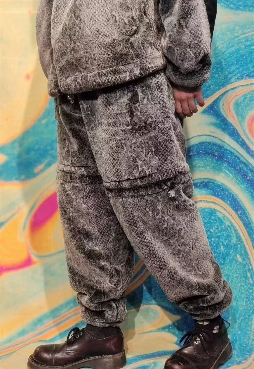 Faux fur joggers snake print fleece pants detachable shorts