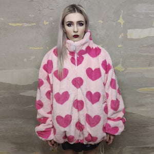 Heart fleece bomber handmade fluf love jacket in pastel pink