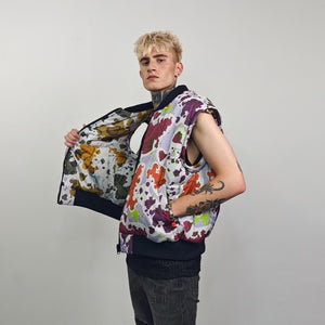 Leaves print bomber forest pattern jacket camo reversible military college varsity detachable sleeves handmade army grunge rocker coat green