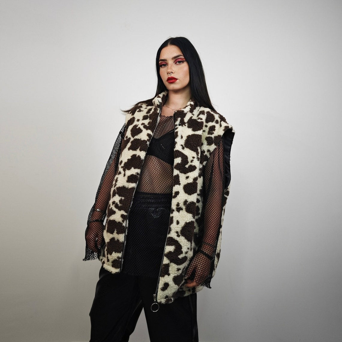 Fleece track jacket cow bomber detachable hood animal print tracksuit brown festival coat furry overcoat spot pattern pullover Dalmatian top