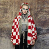 Check fleece hood jacket reversible fluffy chess bomber red