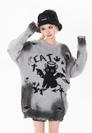 Devil cat sweater Gothic jumper black kitten knitted top