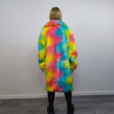 Rainbow fur long coat unicorn trench neon raver bomber fluffy tie-dye fleece psychedelic festival jacket burning man going out coat orange