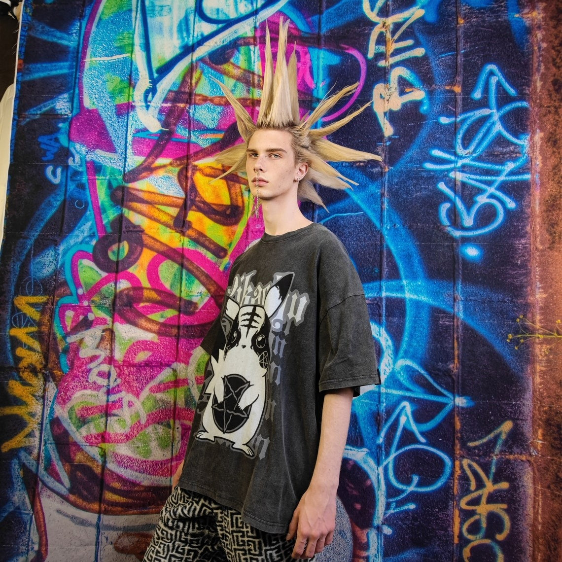 Pokemon t-shirt premium vintage wash Pikachu tee retro Nintendo grunge top Gothic cartoon jumper in acid grey