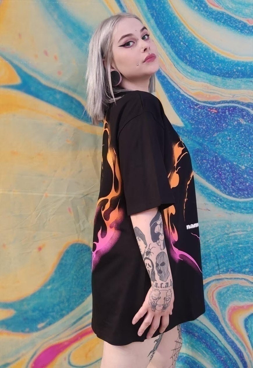 Flame print t-shirt rainbow fire dress lighting tee in black
