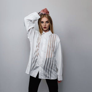 Crochet shirt transparent long sleeve mesh blouse shoulder padded see-through party jumper sheer sweatshirt going out top in white