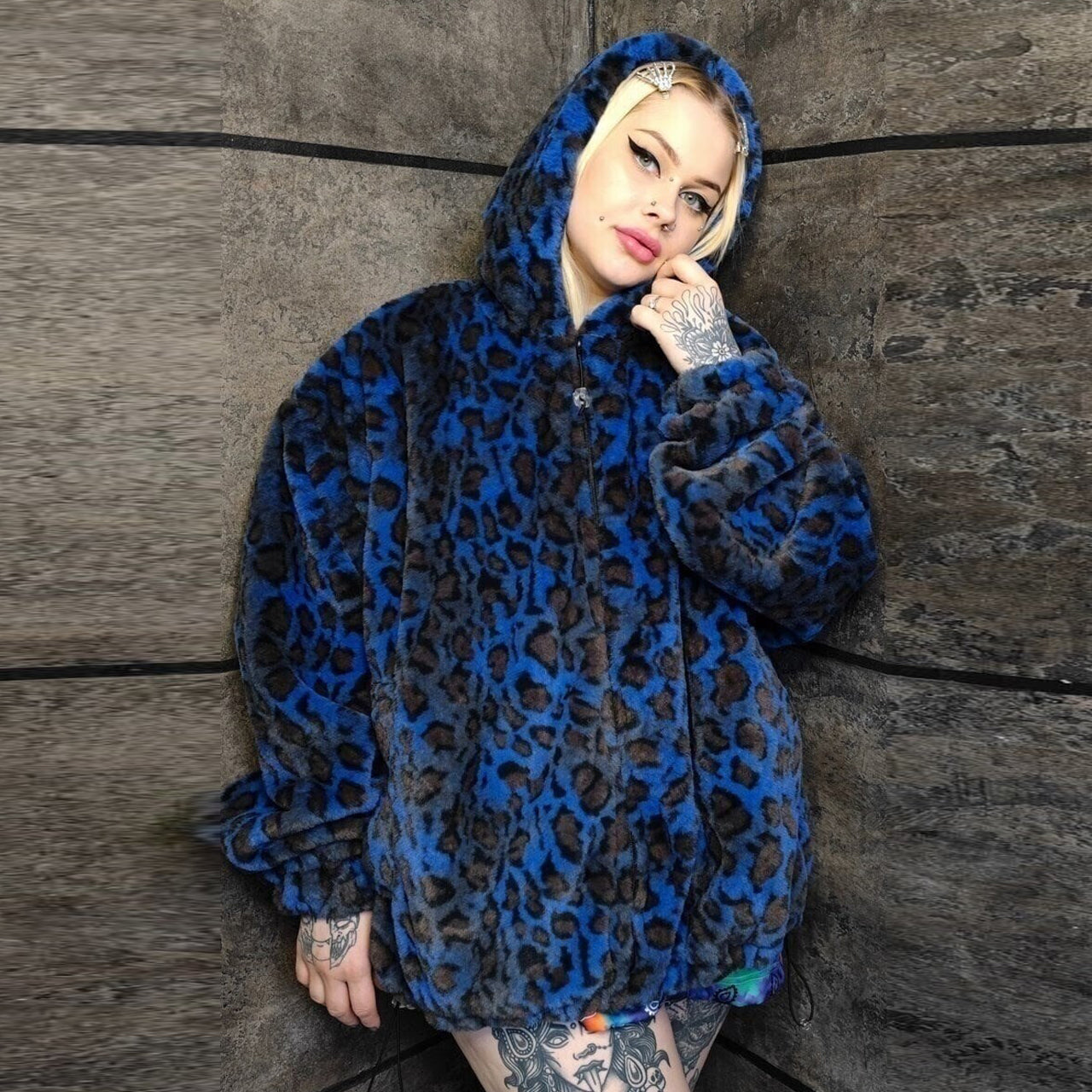 Leopard fleece jacket retro detachable sleeves jacket blue