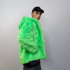 Hooded neon faux fur jacket shaggy coat bright raver bomber fluffy trench winter fleece festival jacket burning man overcoat in green