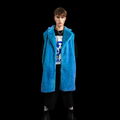 Neon faux fur long coat hooded trench bright raver bomber detachable fleece festival removable sleeves burning man jacket in electric blue