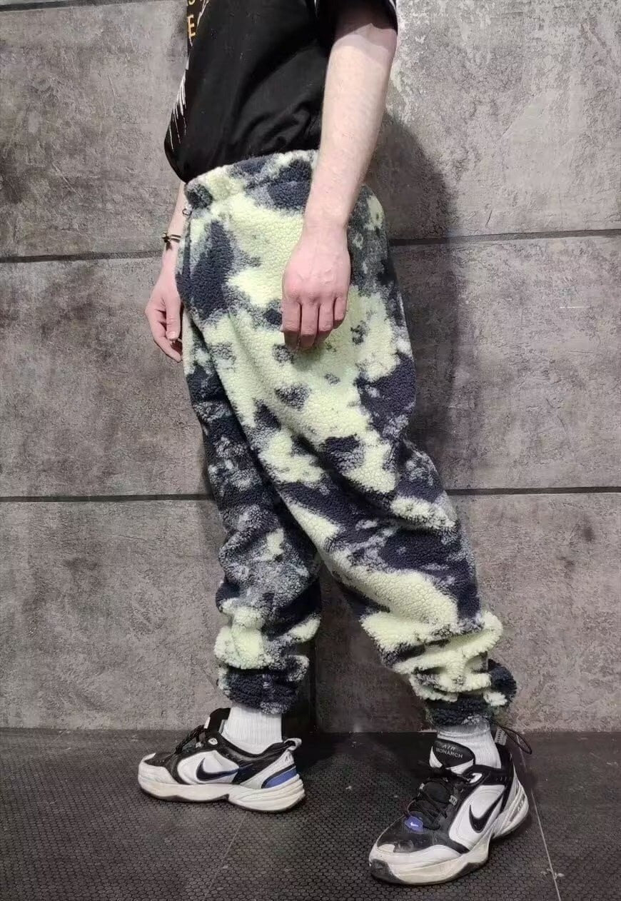 Gradient fleece joggers handmade fluffy 70s camo overalls