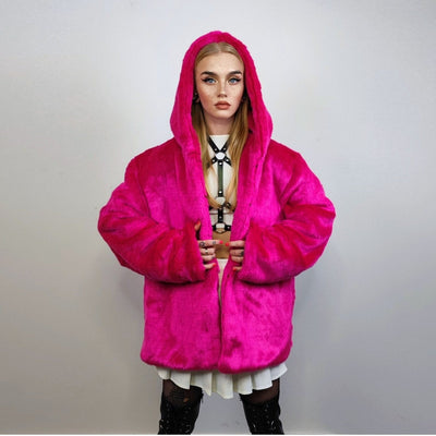 Hooded neon faux fur jacket shaggy bomber bright raver puffer fluffy fleece bright festival coat burning man overcoat in fuchsia pink