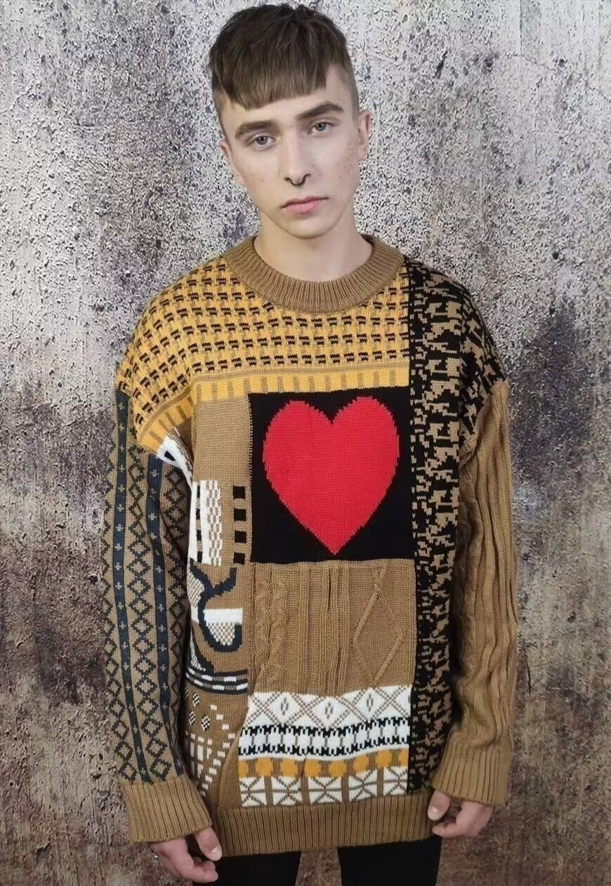 Heart pattern sweater love vintage cable knit jumper brown