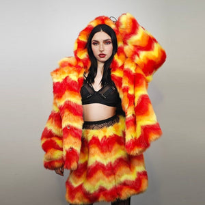 Psychedelic orange coat fauxfur geometric crop hooded bomber