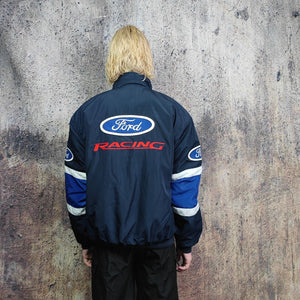 Racing jacket blue motorsports bomber Ford varsity multi patch motorcycle puffer vintage car letterman grunge patchwork F1 coat