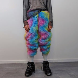 Rainbow faux fur joggers unicorn raver pants fluffy psychedelic trousers ski fleece tie-dye overalls festival bottoms burning man pants blue